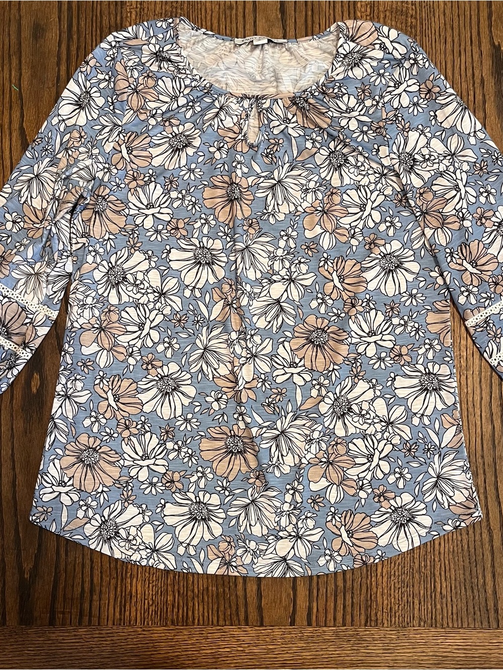 Emily Daniel’s Floral 3/4-Sleeve Top - Blue & Cream